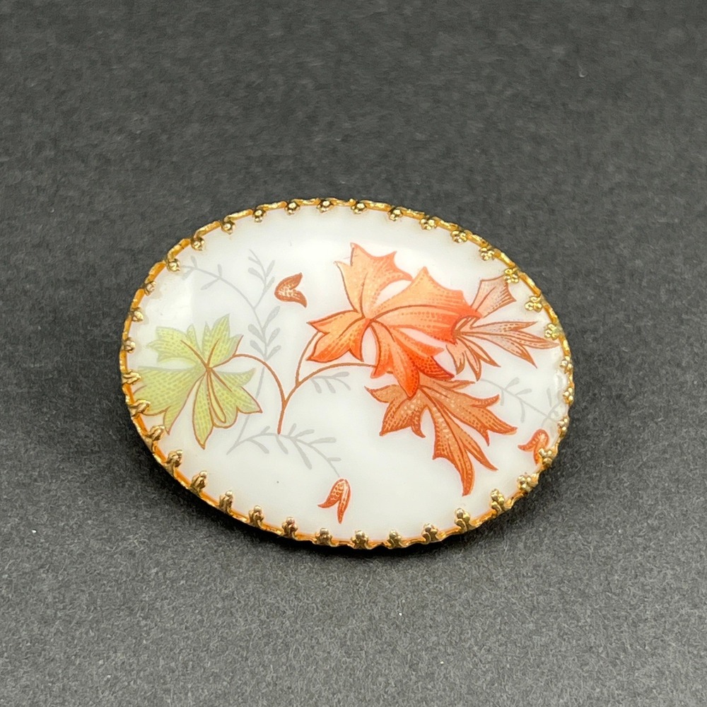 Vintage Brooch Maple Leaf‎ Milk Glass Gold Tone Milk Glass Fall Leaves Pin